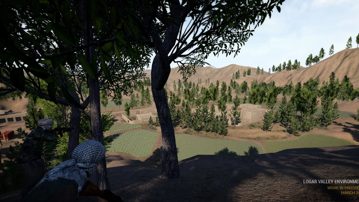 Squad soldiers overlooking a village in a mountain valley