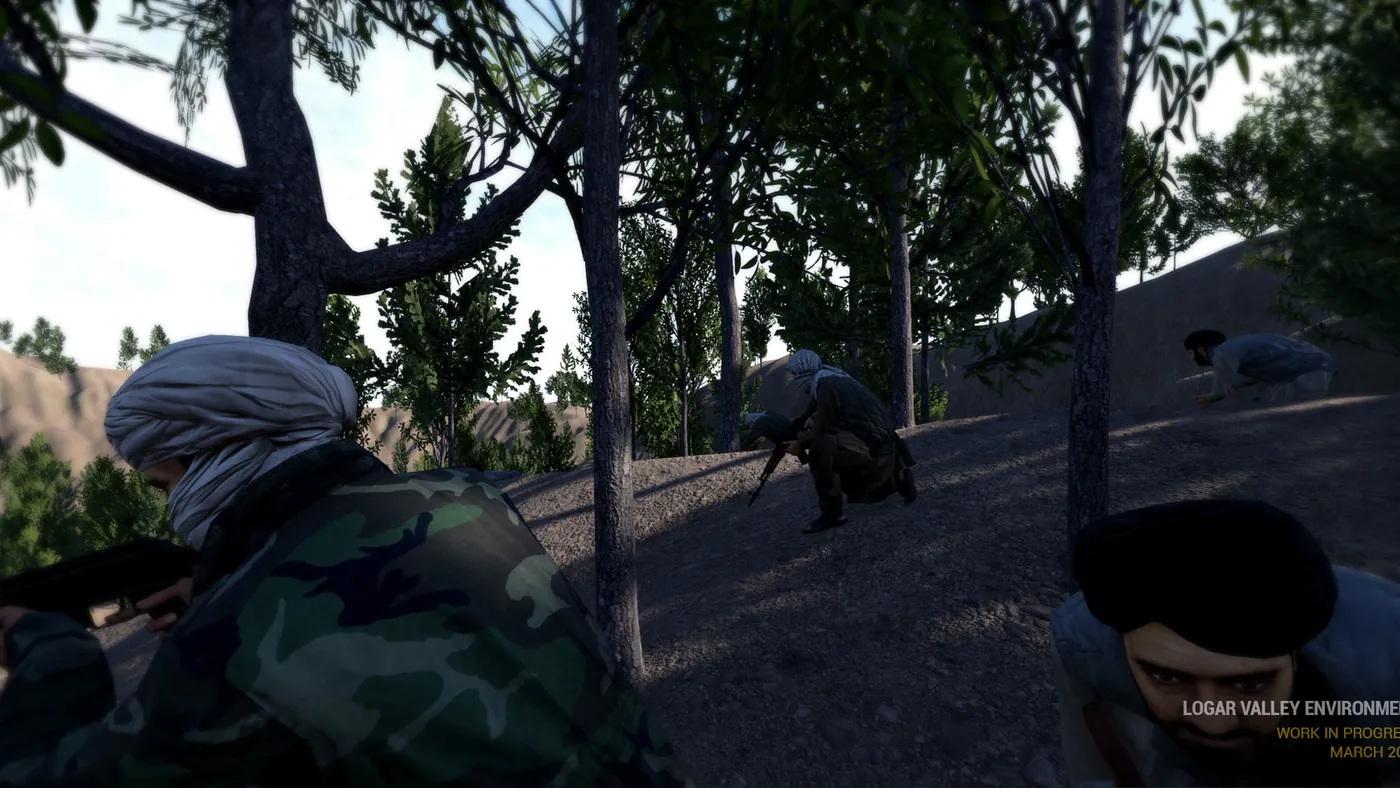 Squad militia fireteam moving through trees on a hillside