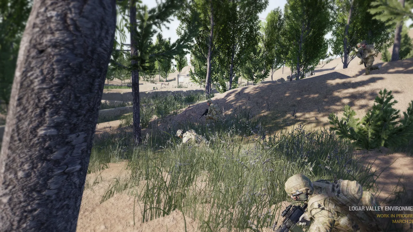 Squad infantry moving through a wooded Logar Valley slope
