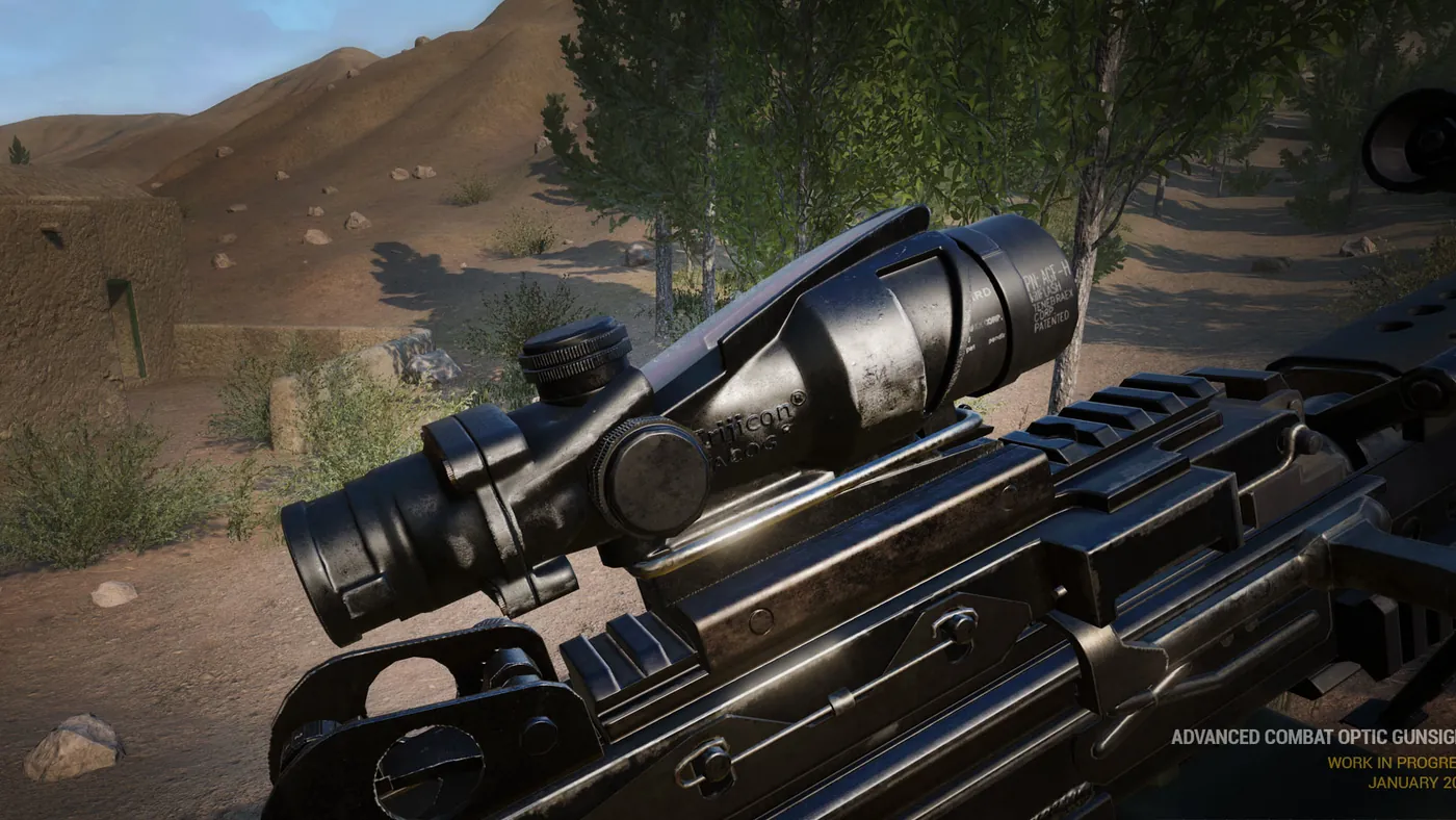 First-person Squad rifle with an ACOG optic in a desert lane